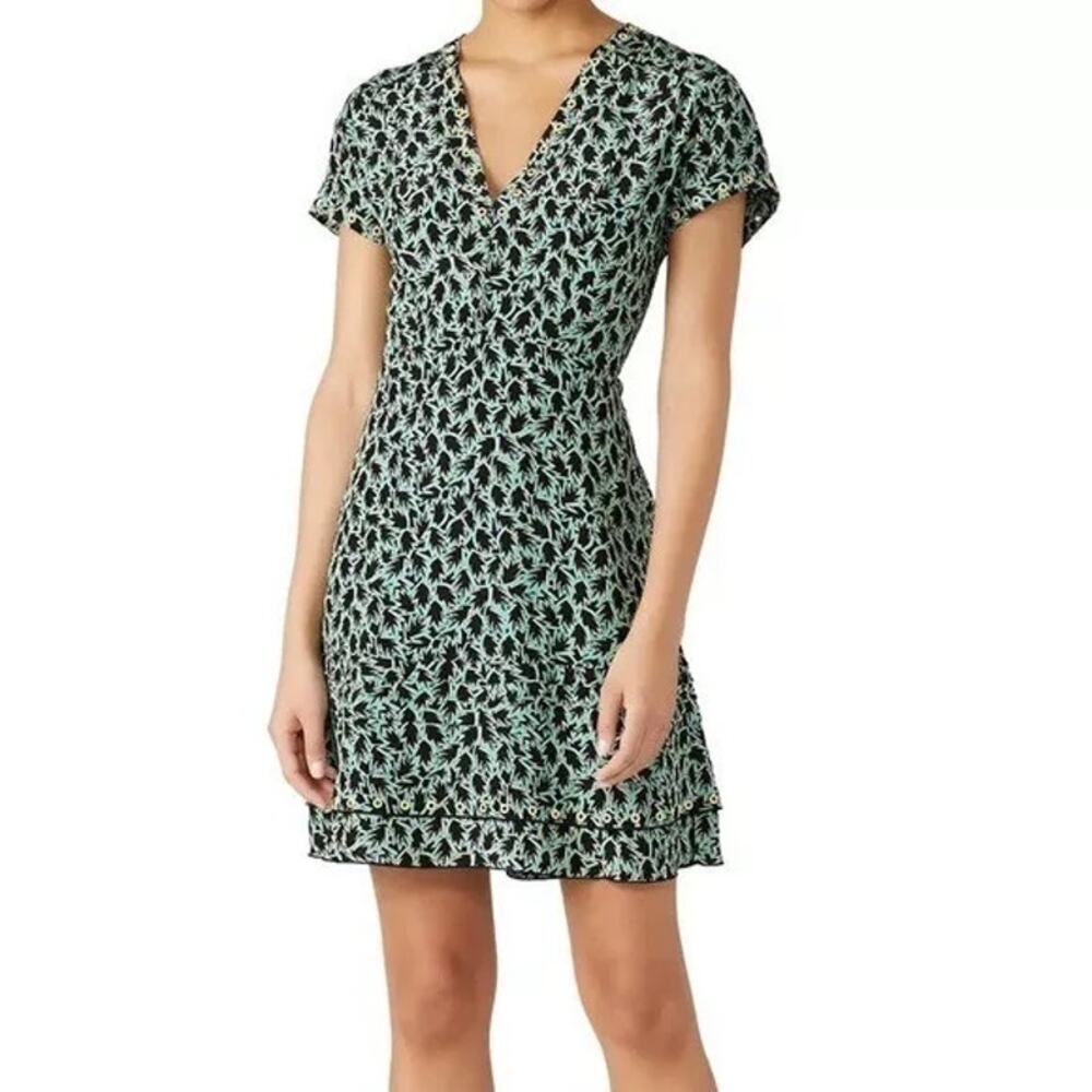 DEREK LAM 10 Crosby Green Black Leaf Printed V Neck Grommet Mini Dress Size 12